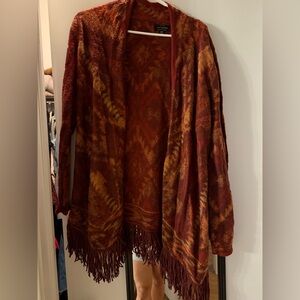 Lucky Brand Red and Orange Patterned Fringe Shawl